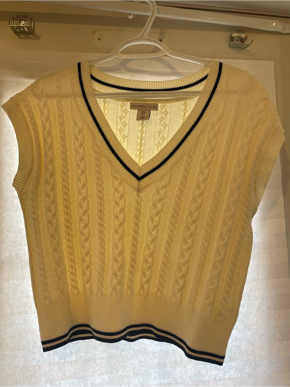 Sincerly Jules Cream Cable-Knit V-Neck Sweater Vest with Navy Trim